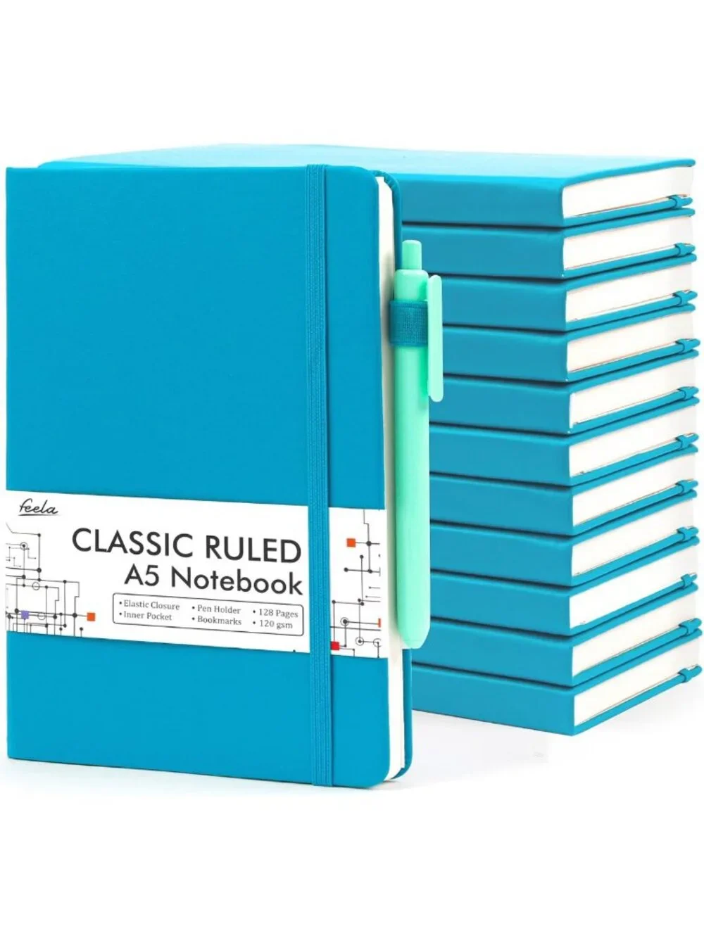 12 Pack Hardcover Notebooks & Journals Set with Pens - Classic Ruled A5, Teal